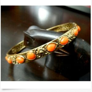 BOHO Goldtone Beaded Bracelet 10" peach teardrop